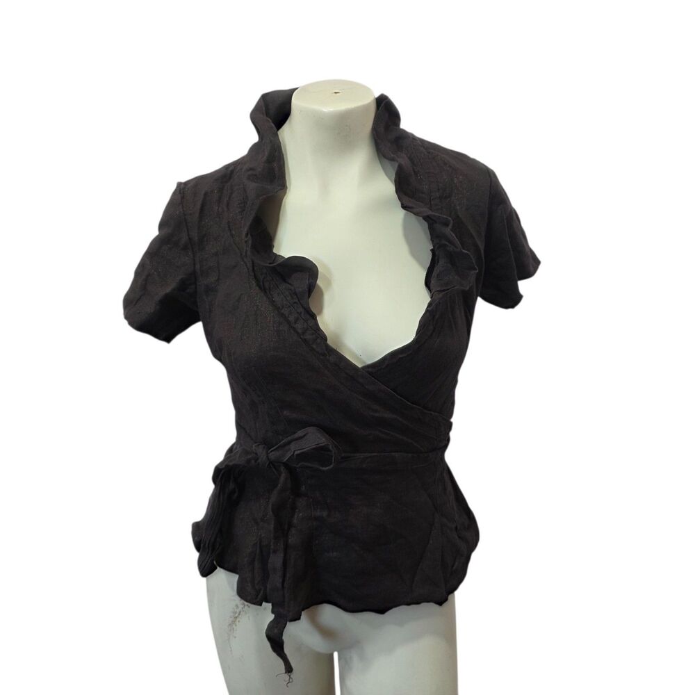 Sigal Dekel Uniform Brown Linen Wrap Blouse Ruffle Tie Waist Top Sz Small